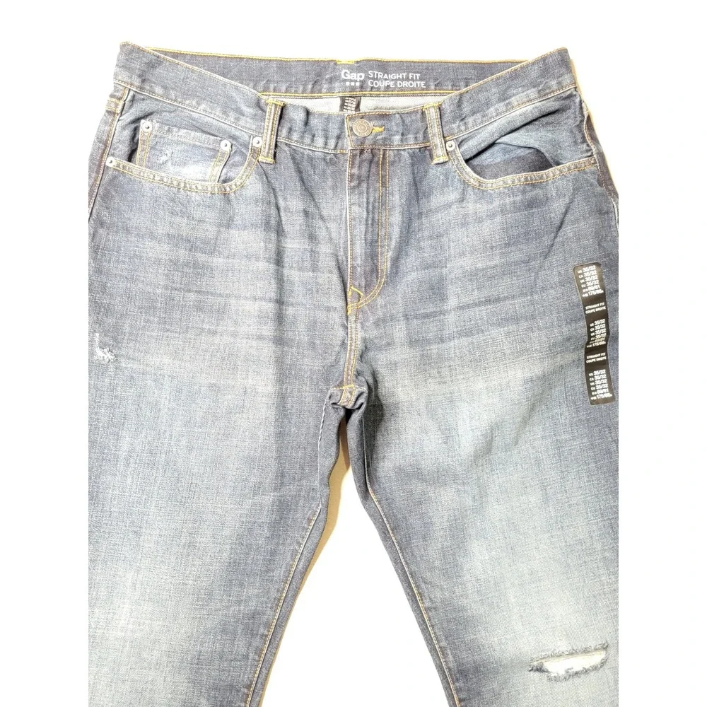 Gap Straight Fit Jeans Mens 35x32 Classic Denim Cotton Dark Indigo Distressed
